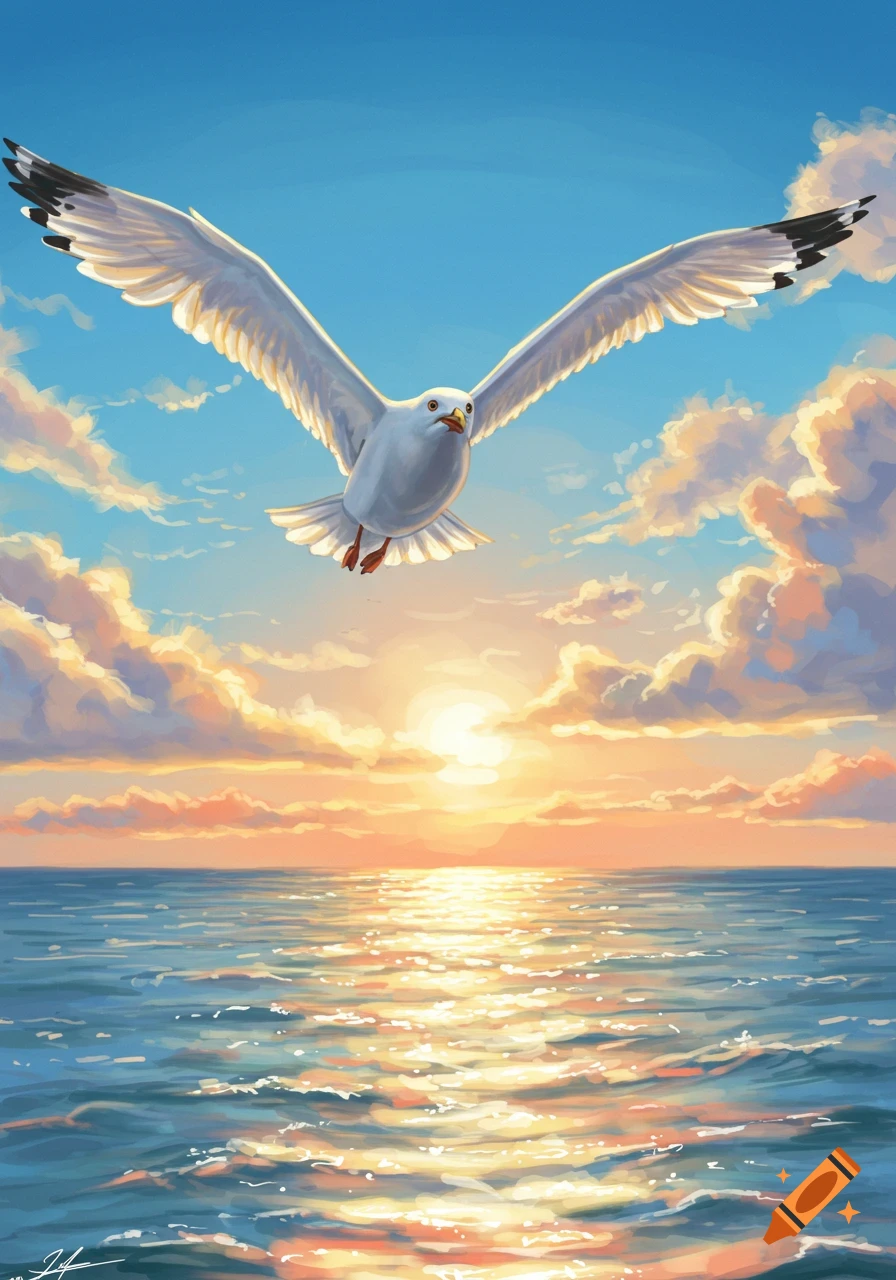 A white seagull with outstretched wings flies over a sparkling ocean at sunset under a blue and orange sky, in an illustrated style.