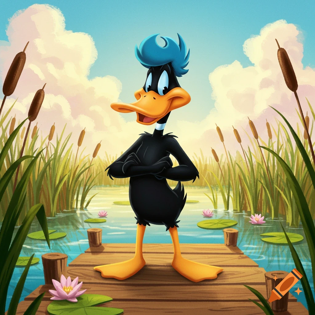 A cartoon Daffy Duck with blue hair, styled as Quaxly, stands on a wooden dock in a marshy pond with cattails and water lilies.