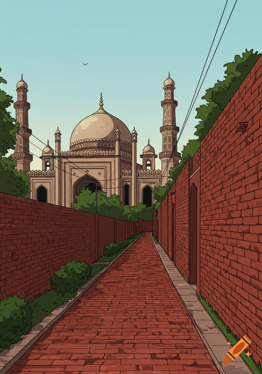 A cartoon illustration of a grand mosque with a large dome and minarets, viewed from a narrow brick lane with high walls.
