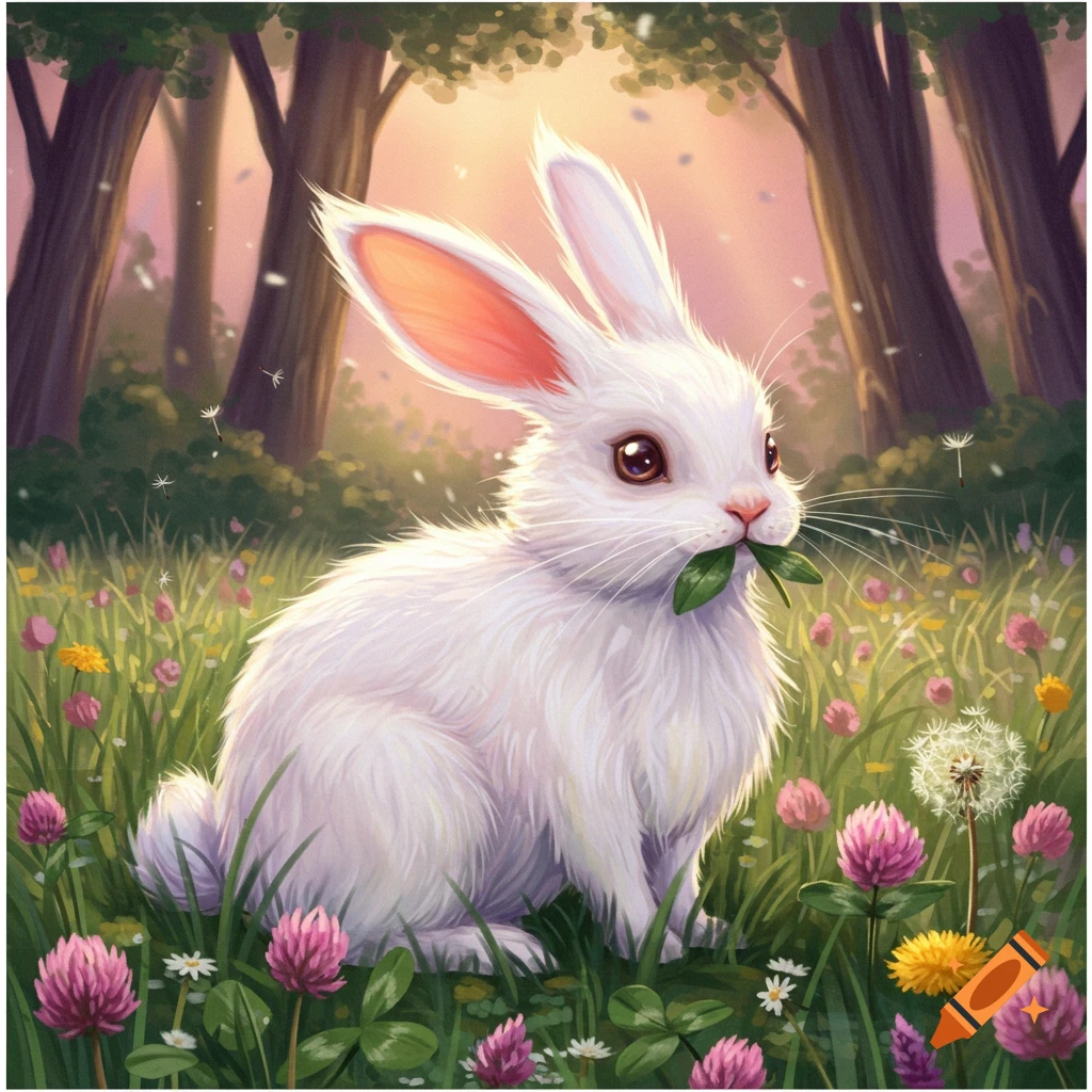 A fluffy white rabbit eats a leaf in a vibrant, illustrated meadow with pink and yellow flowers and trees.
