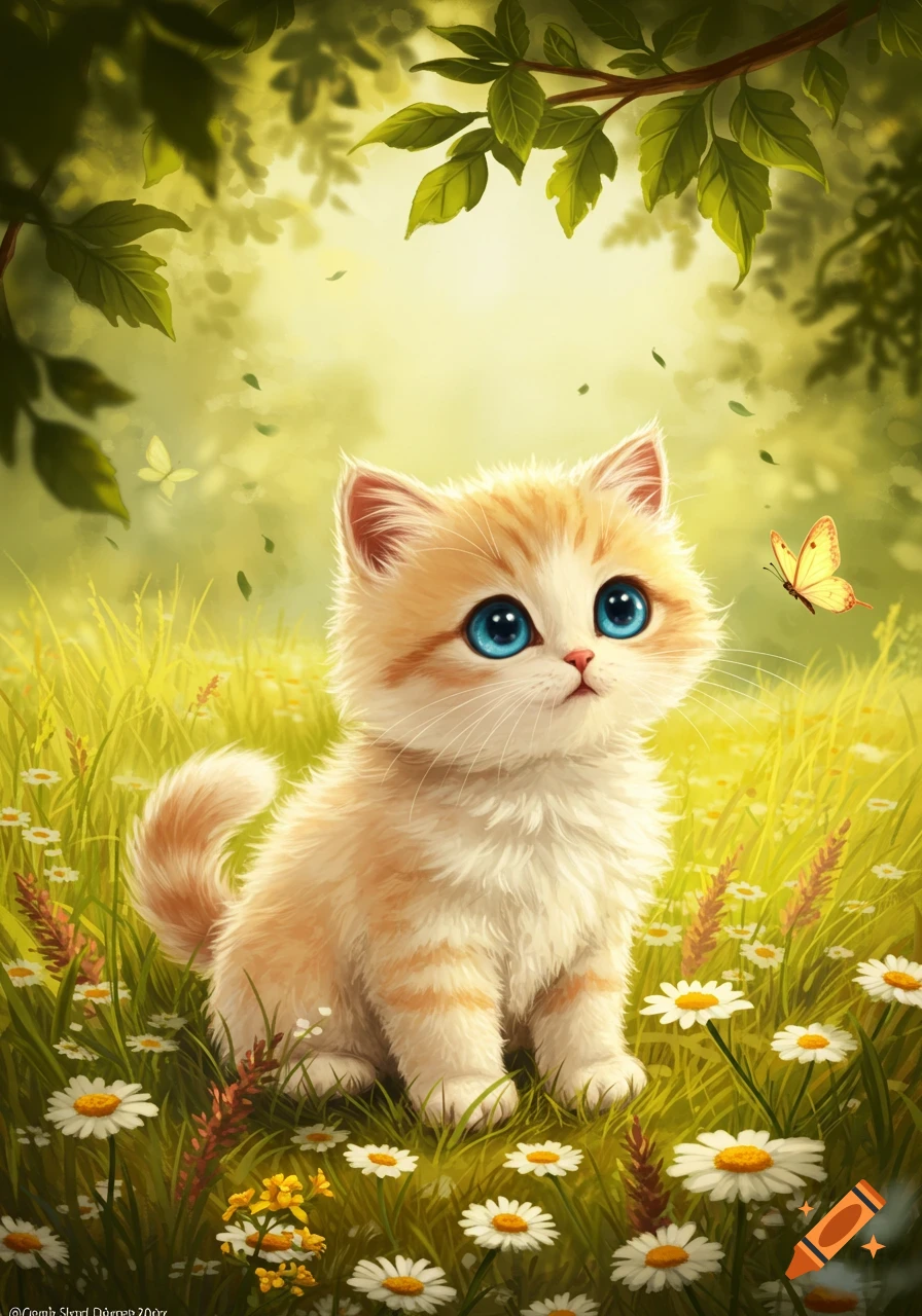 A cute, fluffy orange and white kitten with large blue eyes sits in a sunny field of green grass and white daisies, looking at a yellow butterfly.