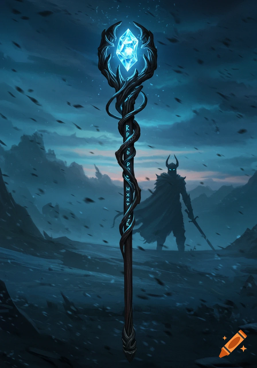 A dark fantasy image of a glowing blue crystal staff standing in a desolate landscape with a horned warrior holding a sword in the background.