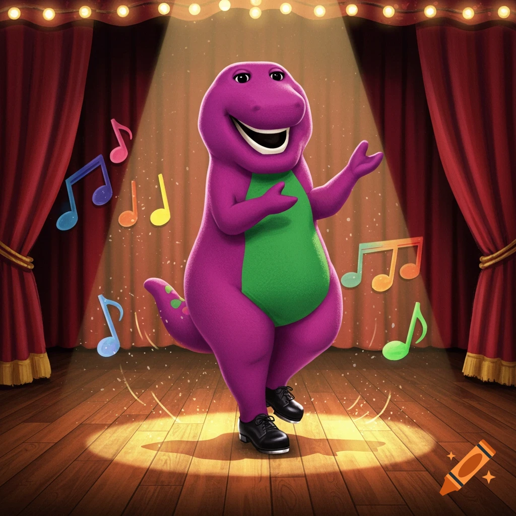 Barney the purple dinosaur tap dancing on a spotlighted stage with red curtains and floating musical notes.