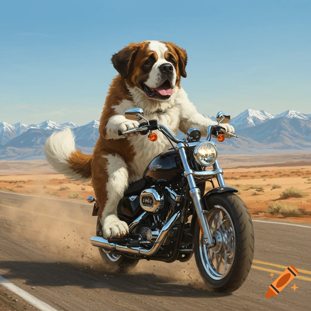 A large, fluffy St. Bernard dog rides a black motorcycle on a desert road with mountains in the background.