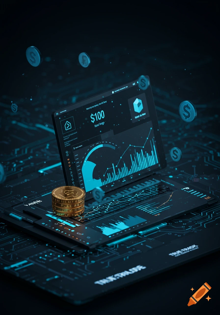 A dark, futuristic image of a laptop displaying financial charts and graphs, with a stack of golden coins and floating digital currency symbols. The screen shows a $100 balance.