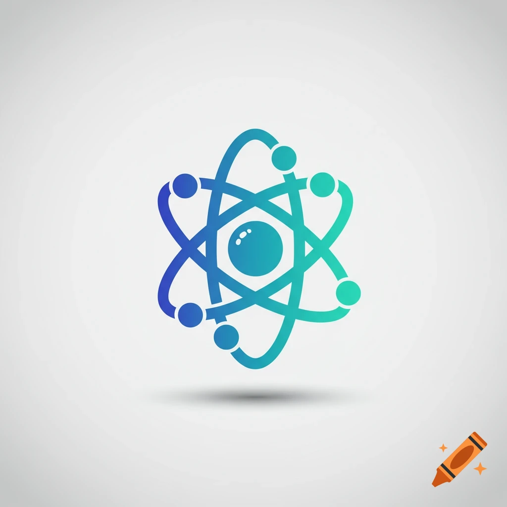A stylized atom icon with a blue to teal gradient, featuring a central nucleus and orbiting electrons, on a light grey background.