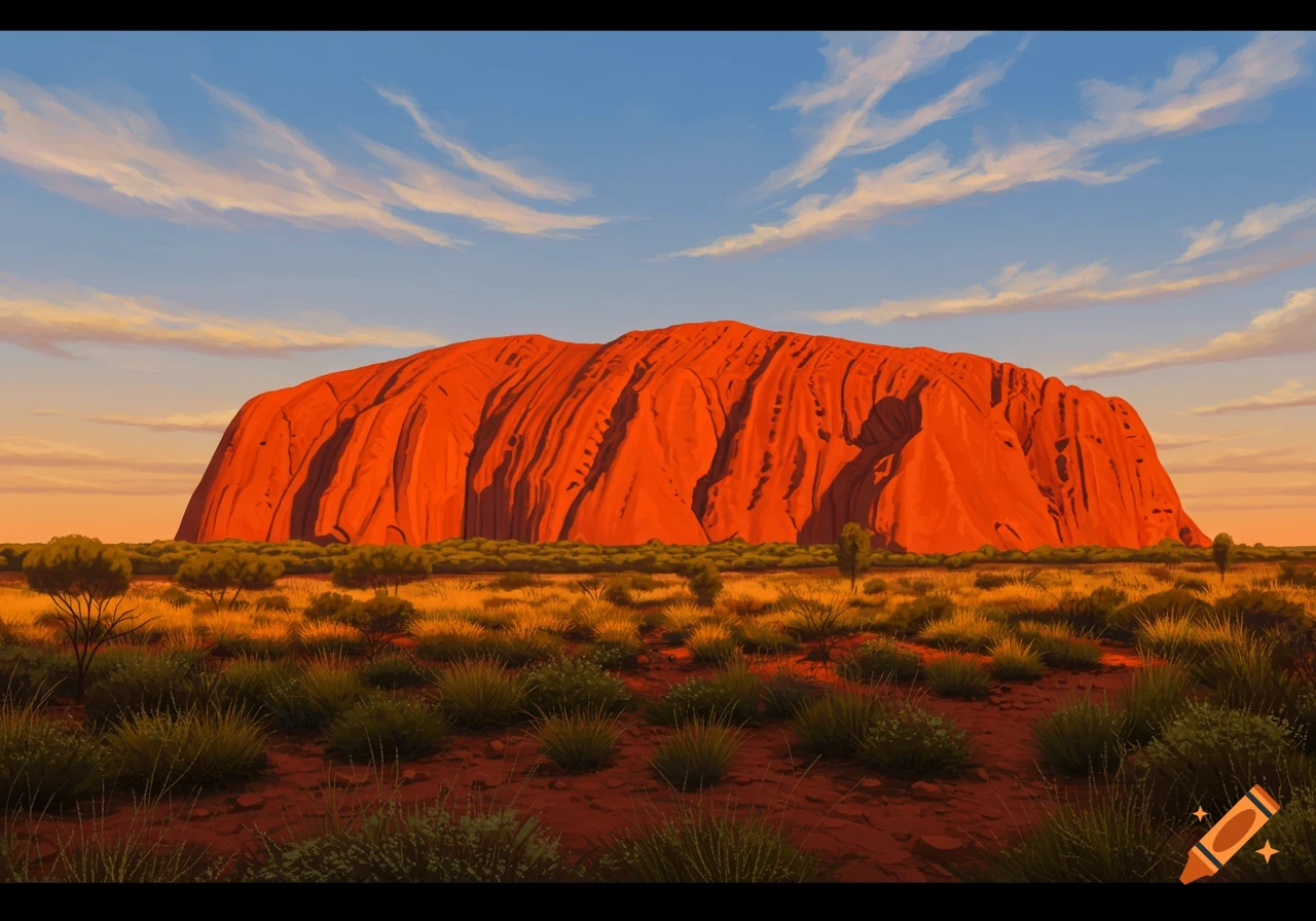 Painterly view of Uluru, a massive red rock formation, in a golden grassy desert under a blue and orange sky.