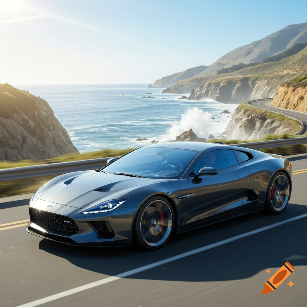 Sleek gray sports car driving on a winding coastal highway with the ocean and mountains in the background, photorealistic style.