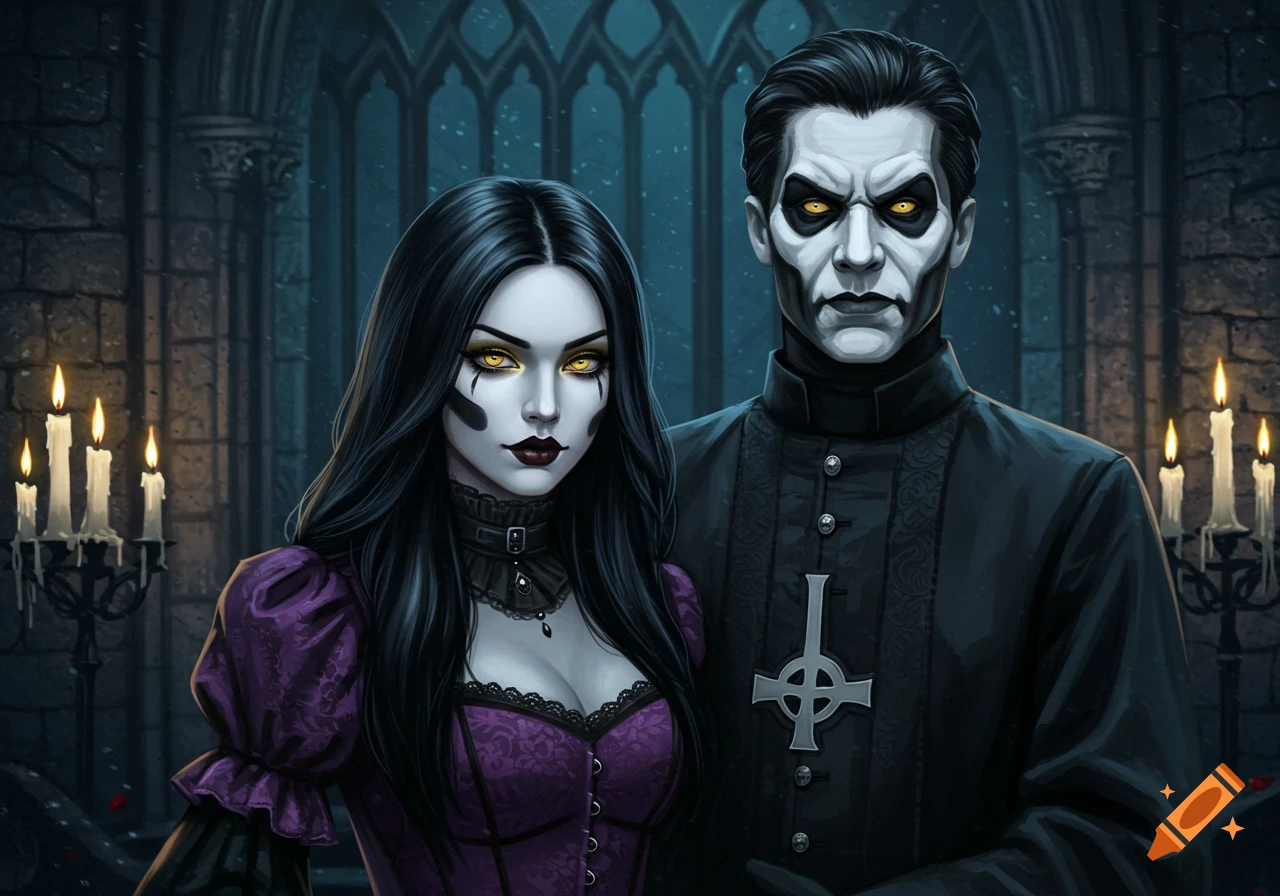 Gothic couple with pale skin, dark makeup, and glowing yellow eyes stand in a candlelit, stone cathedral. The man wears black robes with an inverted cross; the woman wears a purple and black gown.