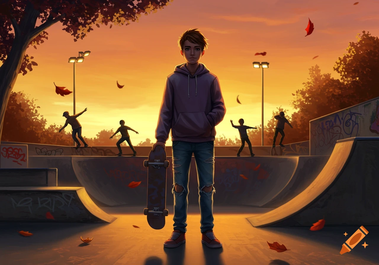 Illustrated image of a teenager holding a skateboard in a skatepark at sunset, with silhouetted skaters in the background.