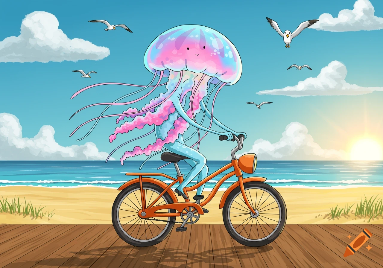 A cheerful, colorful cartoon jellyfish rides an orange bicycle on a wooden boardwalk next to a sunny beach.