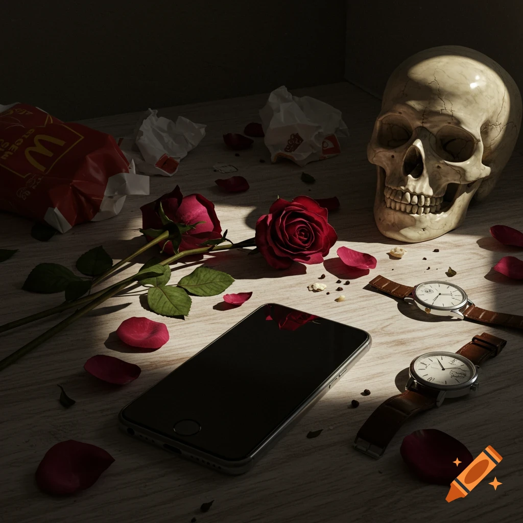 A modern vanitas still life with a skull, wilted red roses, a smartphone, watches, fast food packaging, and scattered rose petals on wood.