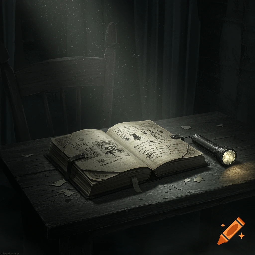 A mysterious open book with drawings and a lit flashlight on a dark wooden table in a dimly lit room with a chair.