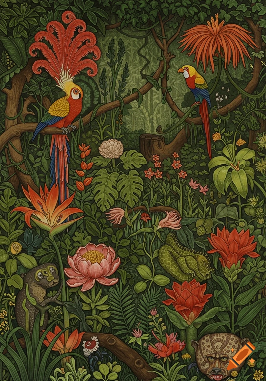A vibrant, stylized illustration of a dense jungle scene with colorful parrots, a monkey, a lizard, and a leopard among exotic flora.
