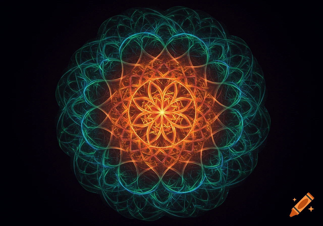 A symmetrical, glowing mandala with intricate orange, green, and blue patterns on a dark background, in a digital art style.