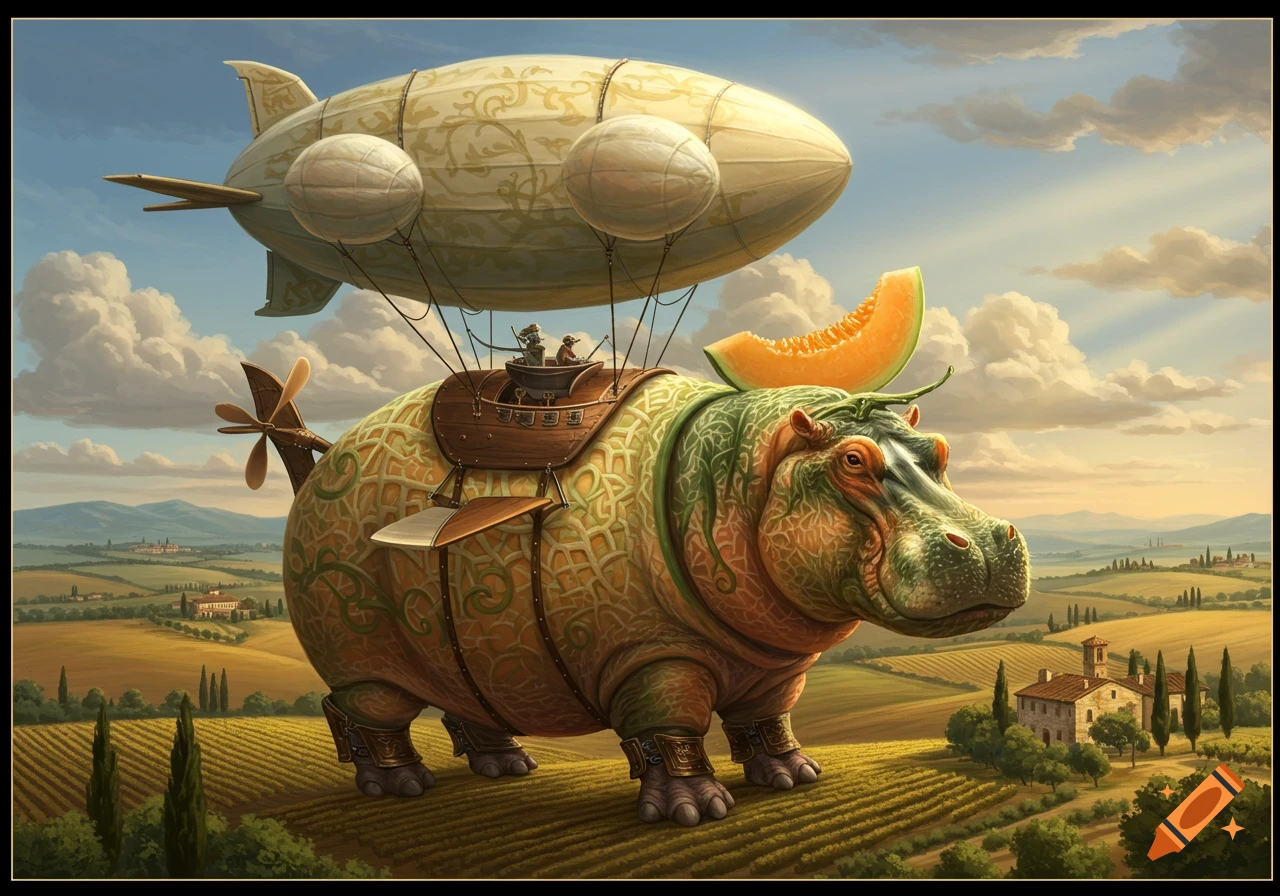 A whimsical hippo-cantaloupe creature with an airship and a melon slice, walks through a sunny Italian vineyard.