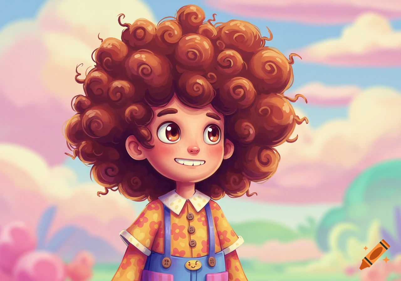 A whimsical cartoon child with a big curly brown afro, smiling broadly in a floral shirt and blue overalls, against a soft pastel sky.