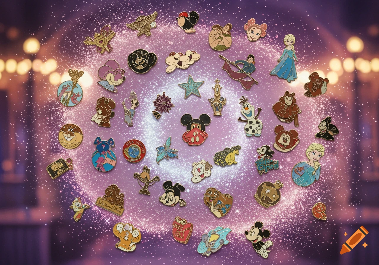 A vibrant collection of Disney character enamel pins, featuring Mickey Mouse, Elsa, Olaf, and other classic figures, scattered on a sparkling purple background.