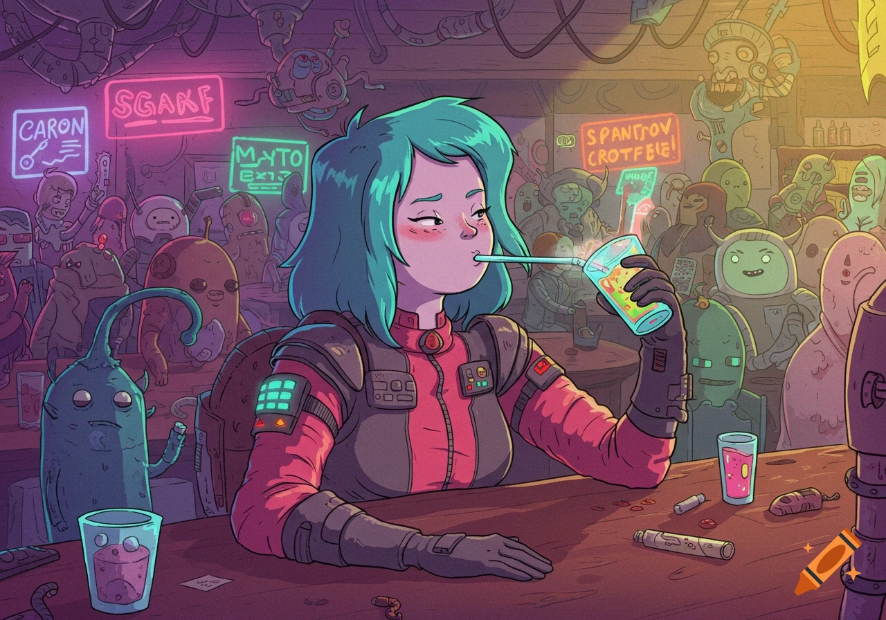 A female space rogue with teal hair drinks at a vibrant, crowded alien bar in Adventure Time art style.