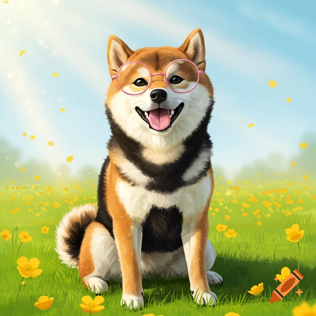 A smiling Shiba Inu dog with brown and black fur wearing pink round glasses, sitting in a sunny green field with yellow flowers.