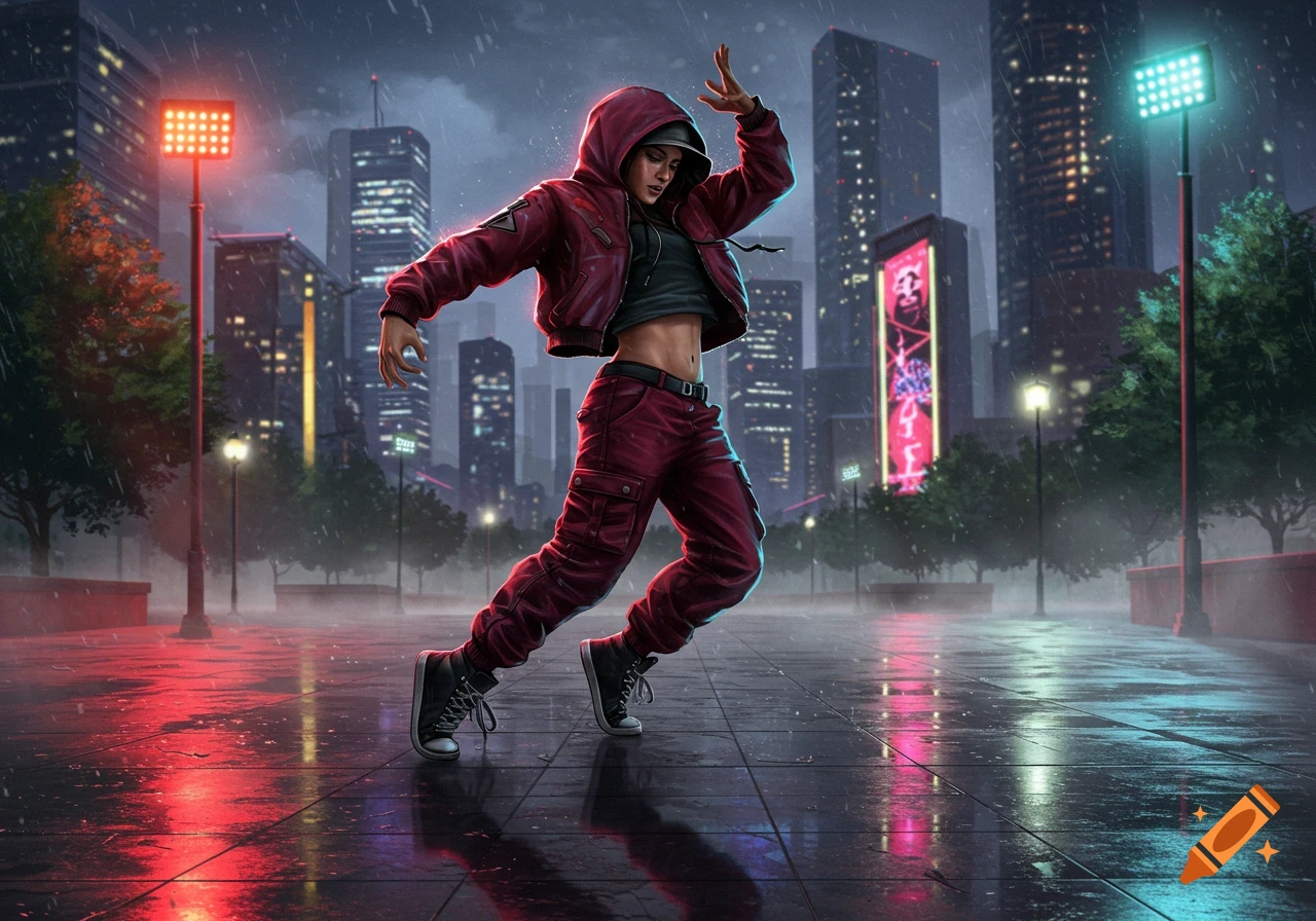 A dancer in a red hoodie and pants strikes a dynamic pose on a wet city street at night, with illuminated skyscrapers in the background.