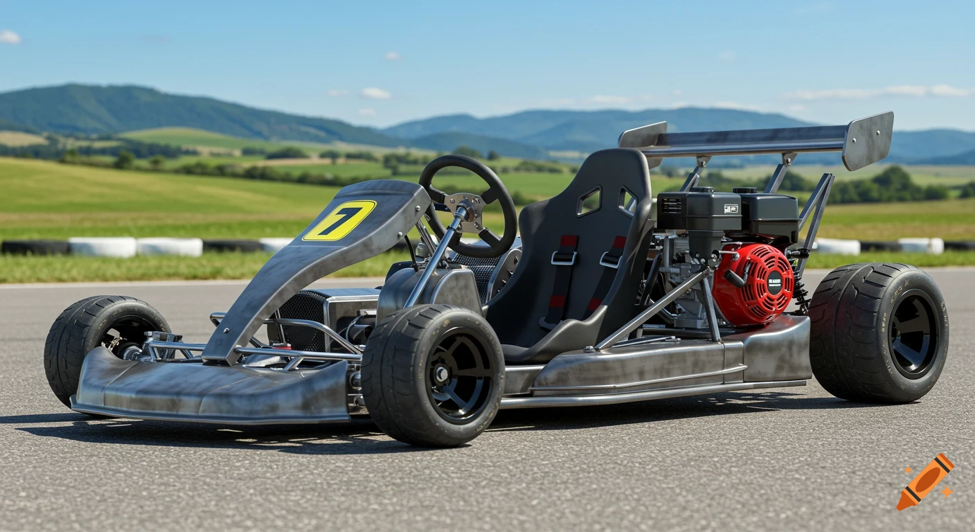 A photorealistic go-kart with the number 7 on a race track with green hills and blue sky.