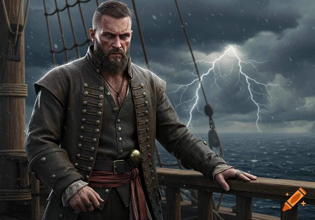 A rugged, bearded 17th-century English pirate stands on a ship's deck during a lightning storm at sea. Hyperrealistic.