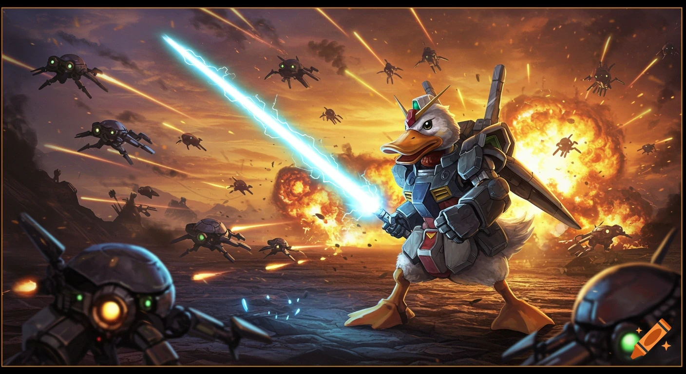 A duck in Gundam armor wields a blue lightsaber against spider-like robots on an explosive sci-fi battlefield.