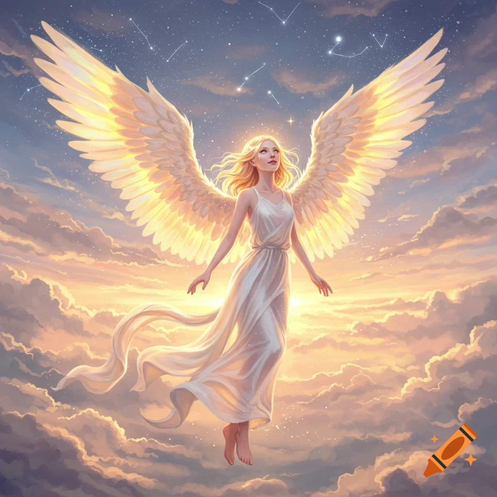 An ethereal angel with glowing golden wings and long blonde hair floats gracefully in a sky filled with soft clouds and constellations.