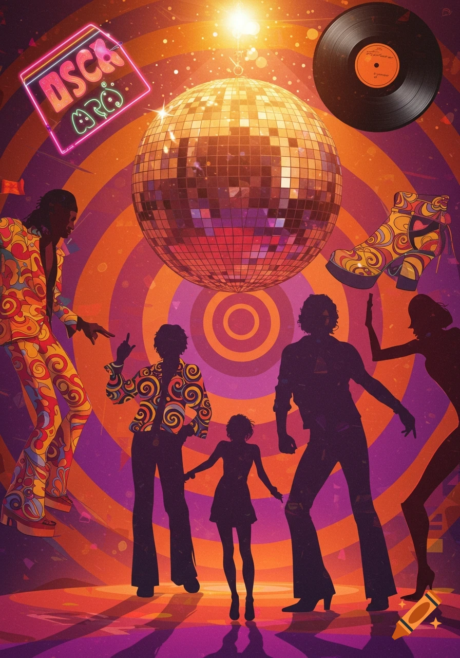 A vibrant 70s disco collage with silhouetted dancers, a large disco ball, a vinyl record, and a platform boot, all set against a swirling orange and purple background. A neon sign in the top left reads "DSCA".