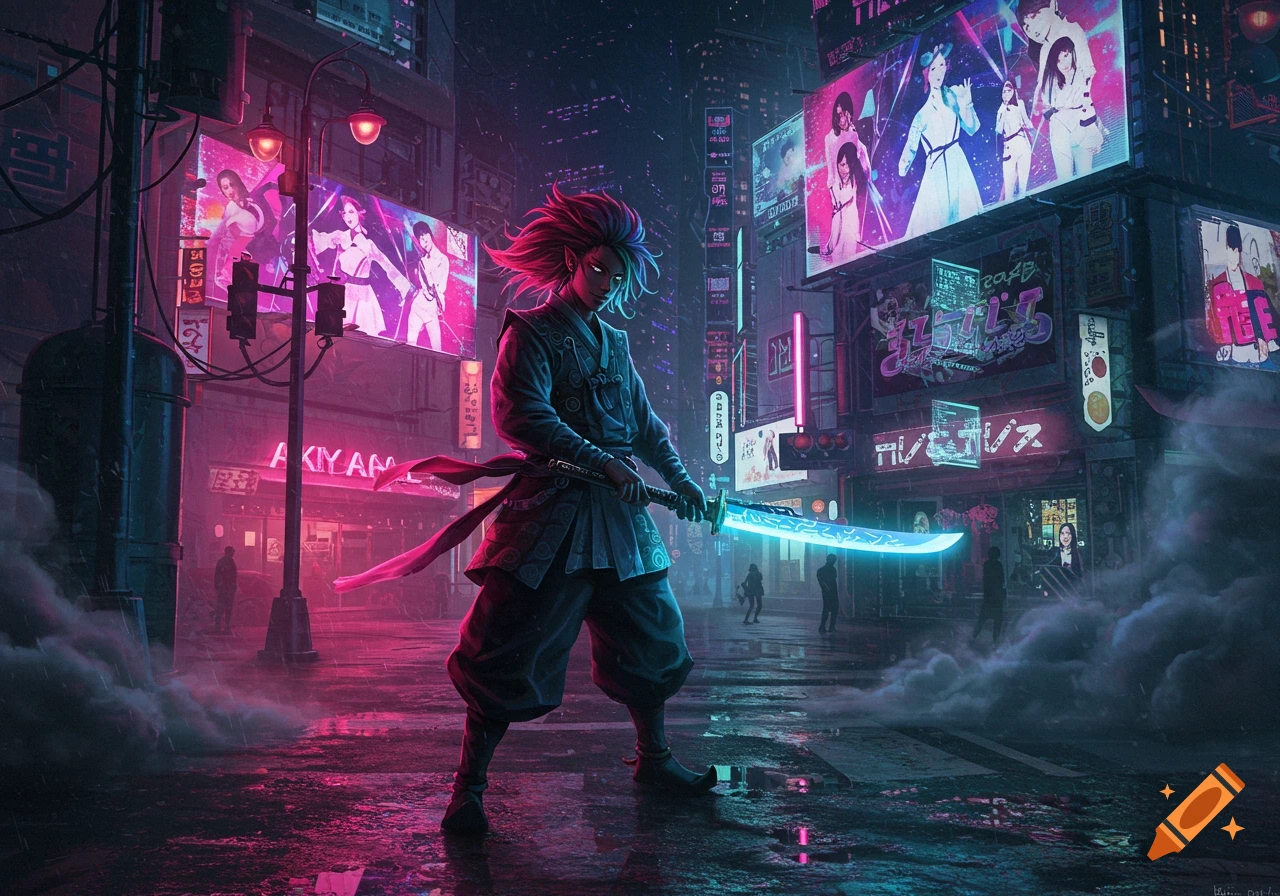 Cyberpunk warrior with glowing red hair and eyes, holding a luminous blue katana, stands in a rainy, neon-lit city street with K-pop billboards.