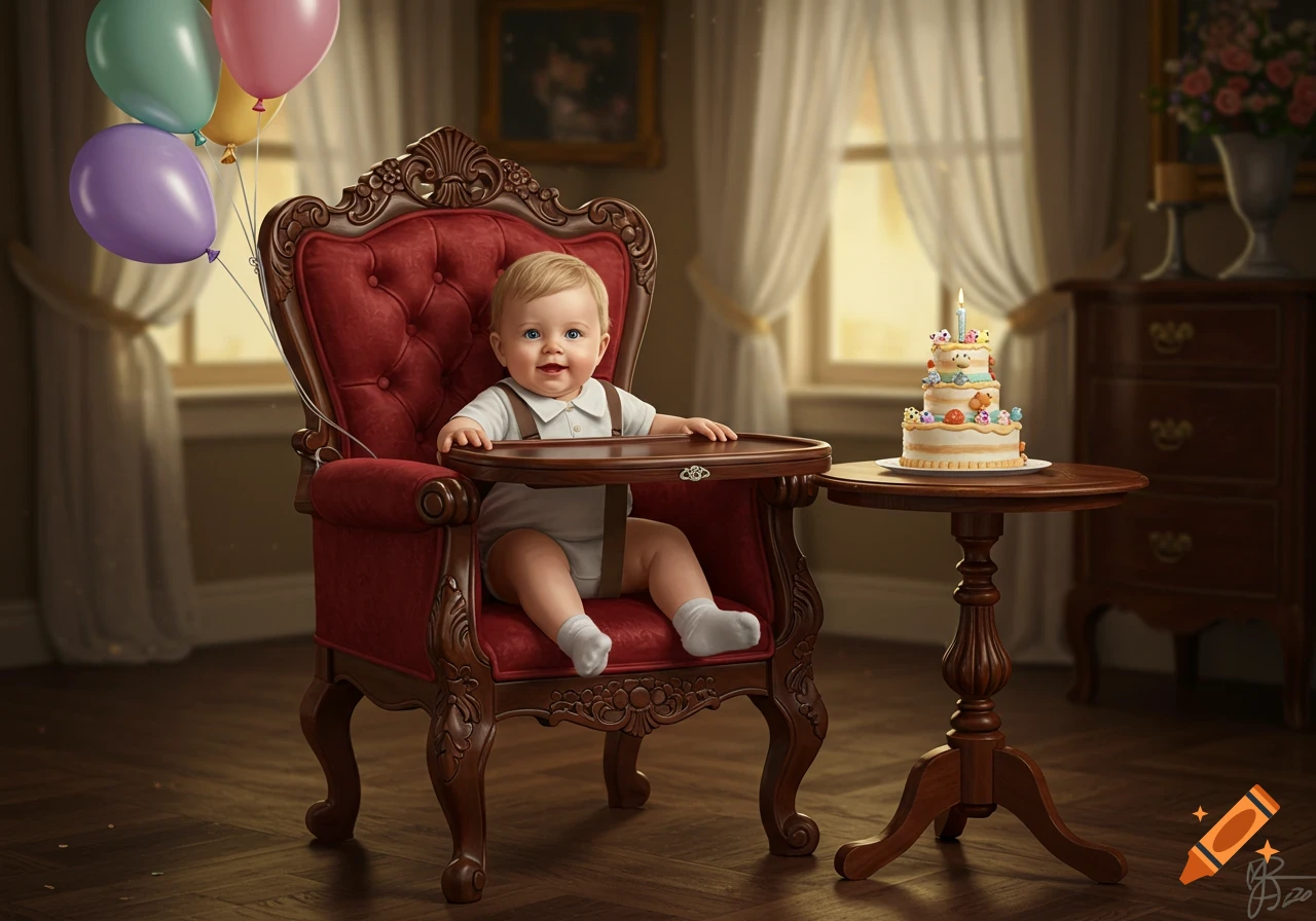A happy baby in a fancy red high chair with balloons and a birthday cake, photorealistic.