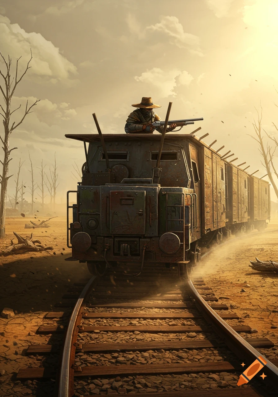 Armored train with a shotgun-wielding person on top, moving through a dusty, post-apocalyptic desert at sunset.