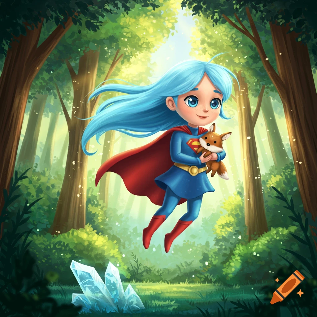 Cartoon superhero girl with blue hair and a red cape floats in a sunlit forest, holding a small fox, with ice crystals below.