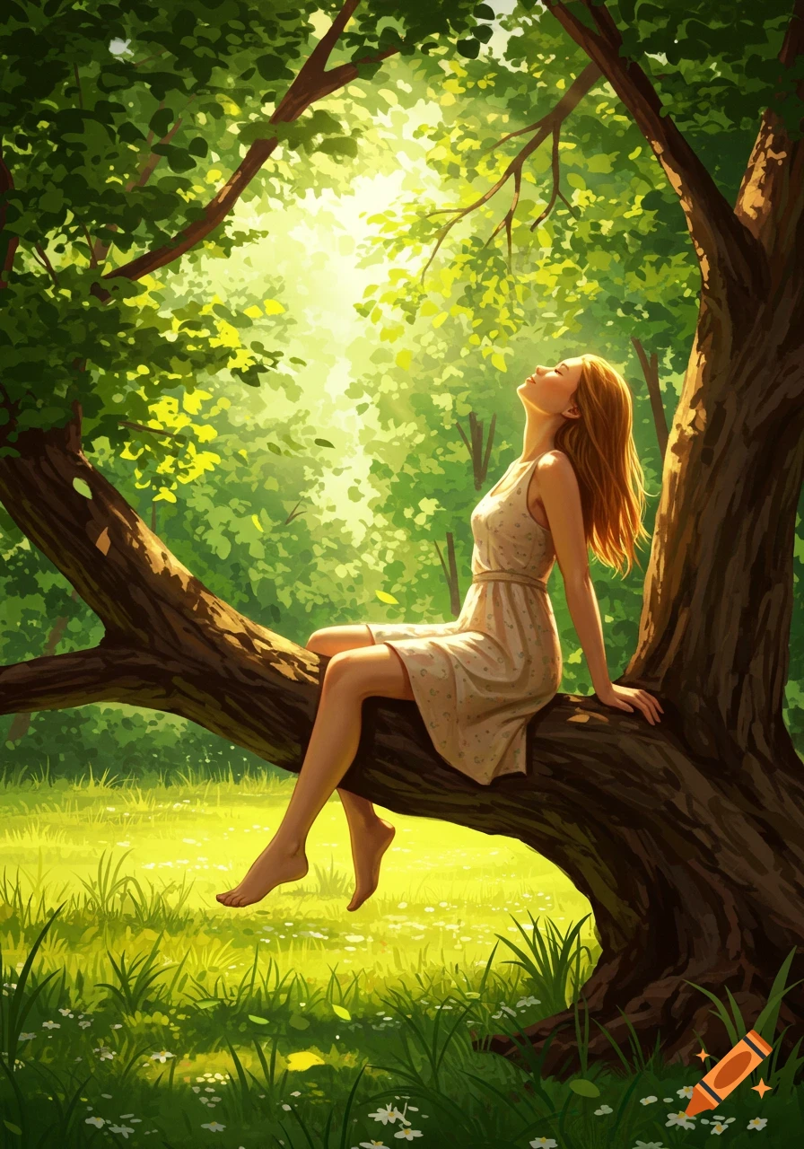 A young woman in a dress sits on a tree branch in a sun-dappled forest clearing, looking up, in a painterly style.