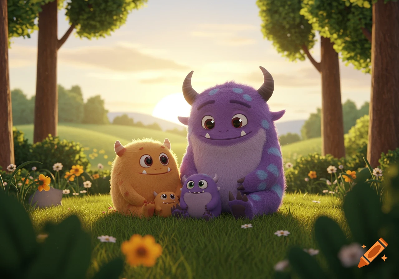 A family of colorful, fluffy cartoon monsters sits in a sunny green field with trees and flowers at sunset.
