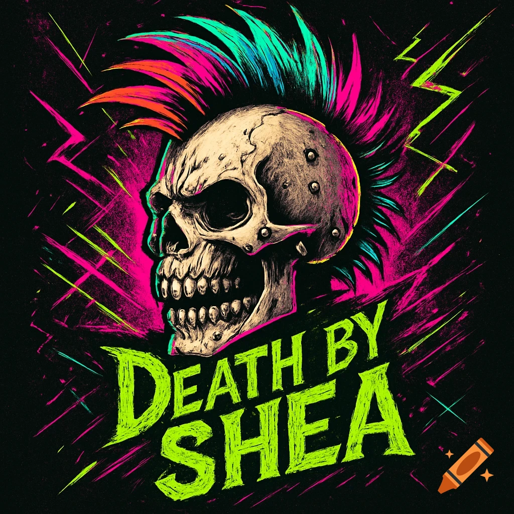Stylized punk skull with a colorful mohawk and neon lightning bolts on a dark background, with the text "DEATH BY SHEA".