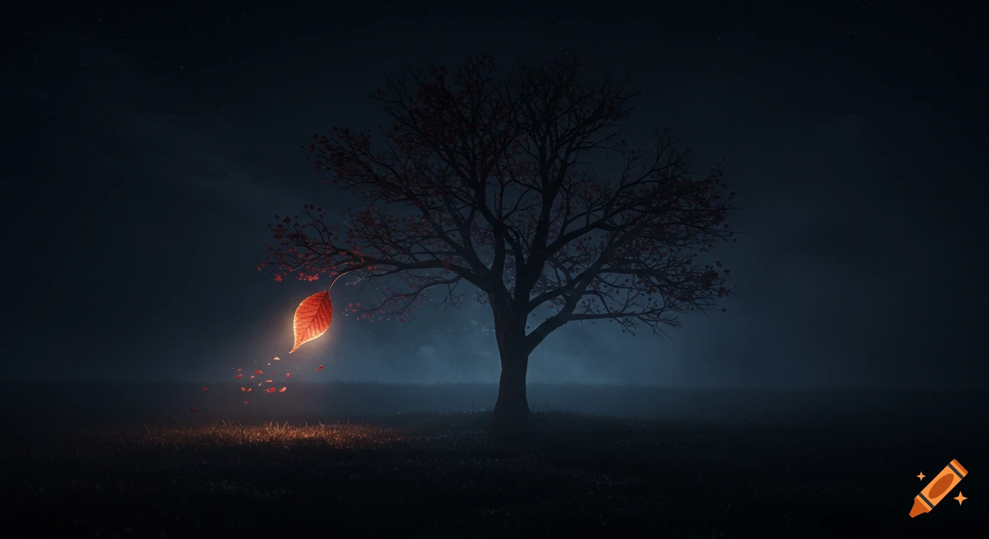 Dark, surreal night scene with a silhouetted cherry tree and a glowing red leaf falling amidst mist and faint starlight.