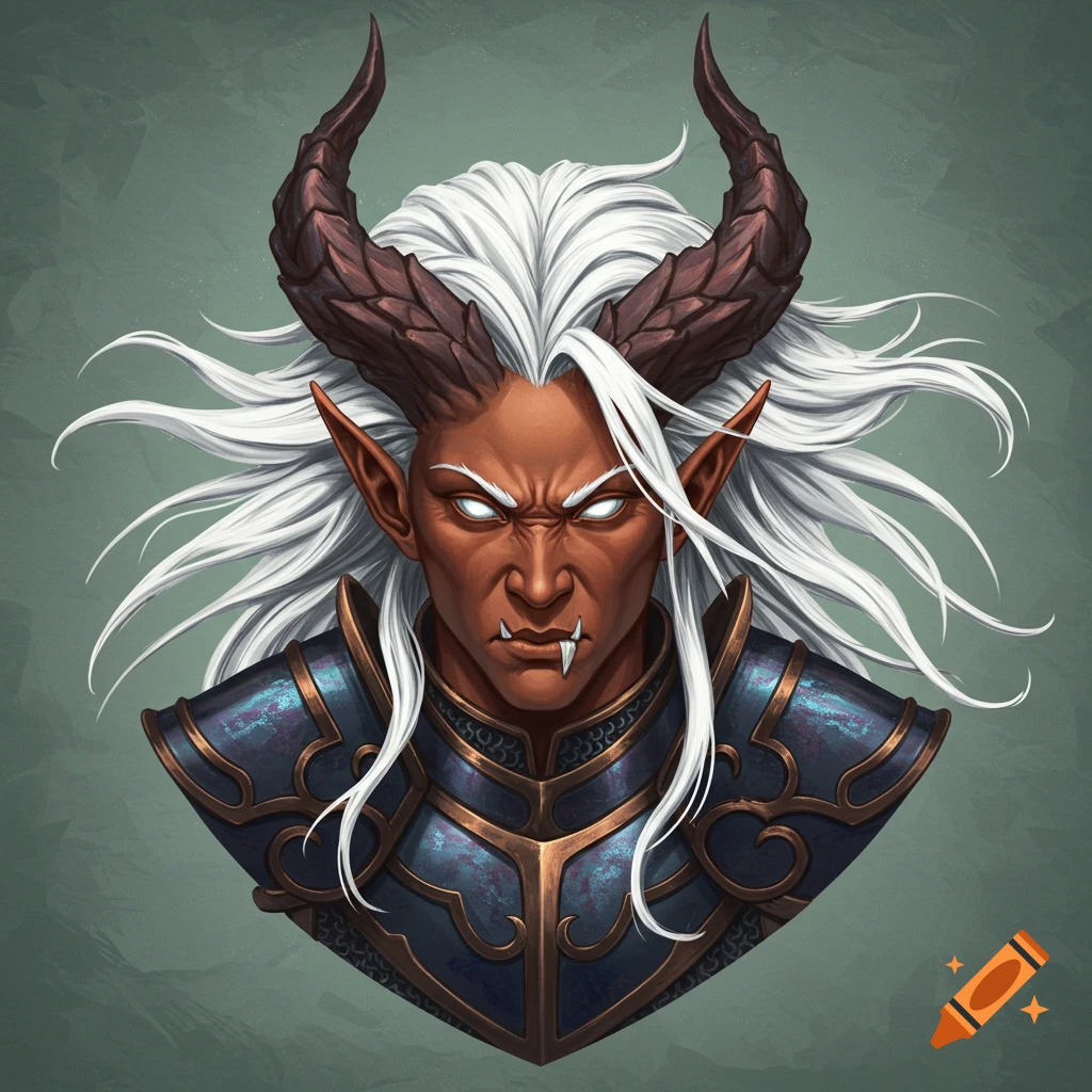 Stylized portrait of a male Tiefling with tan skin, white hair, brown horns, glowing eyes, fangs, and ornate blue and gold armor.
