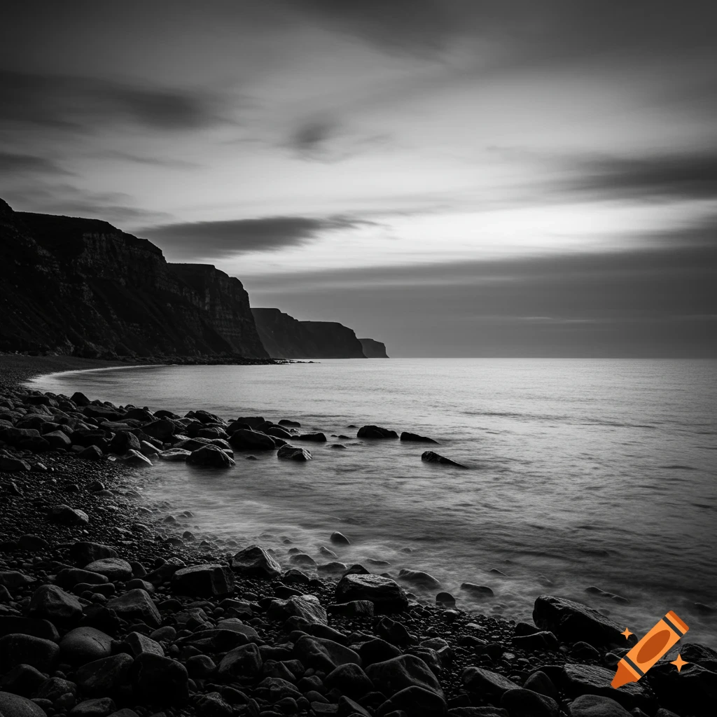 Black and white long exposure photo of a rocky beach, calm sea, and steep cliffs under a cloudy sky.