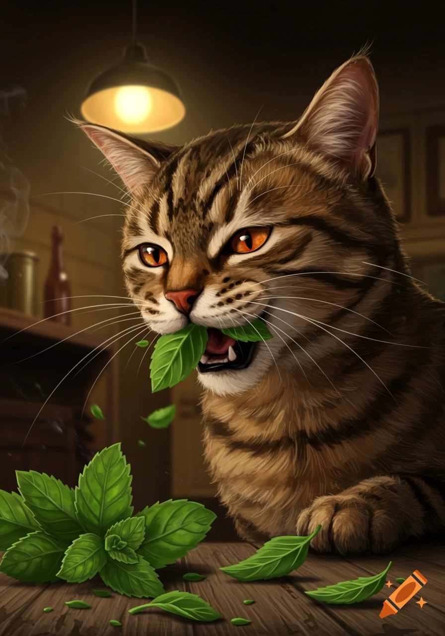 A fierce-looking brown tabby cat with orange eyes aggressively eats green mint leaves from a wooden table, under a warm light.