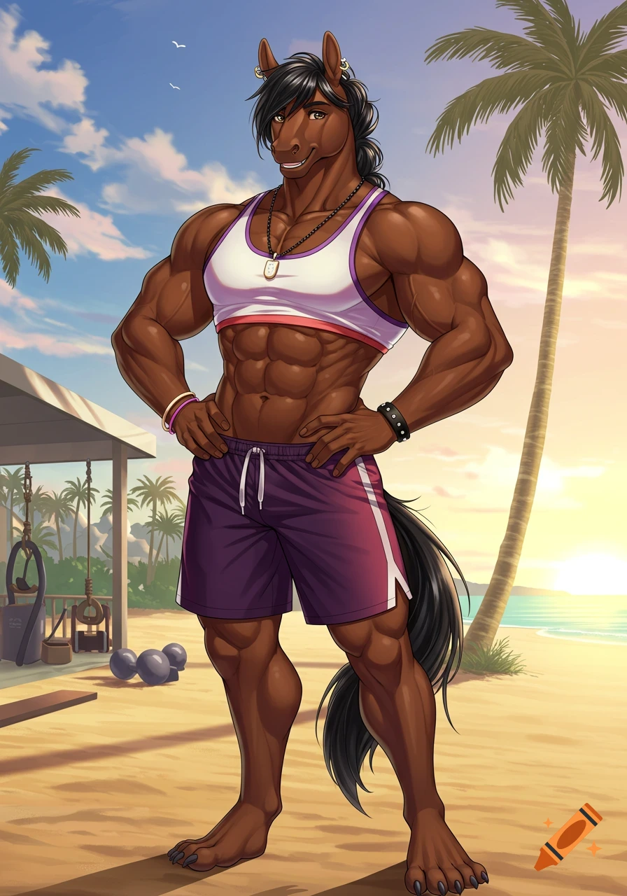 Anime-style drawing of a muscular anthropomorphic brown stallion in sportswear, smiling at a beach gym.