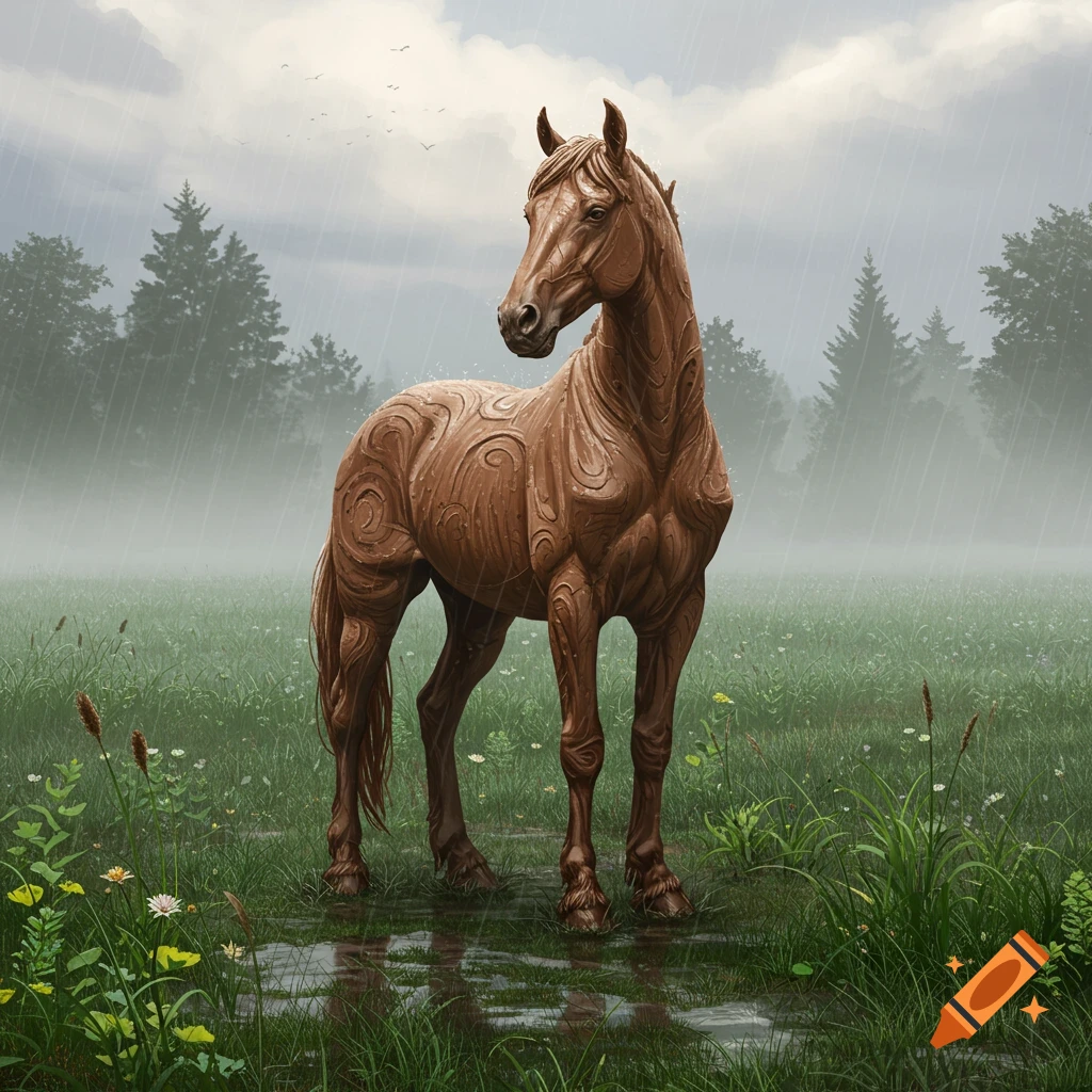 A stylized brown horse with swirling, mud-like texture stands in a rainy, grassy field with puddles and distant trees.