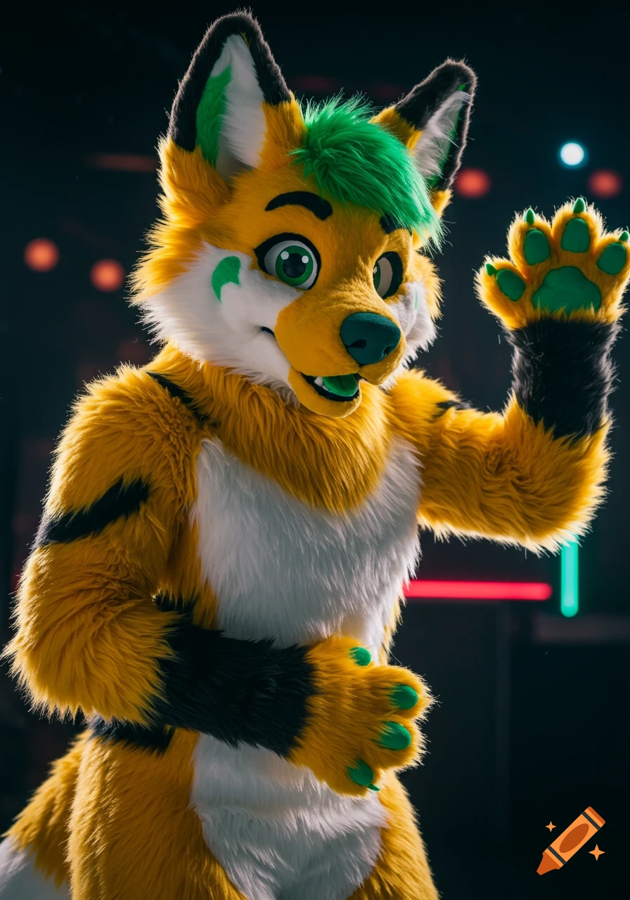 Photorealistic image of a yellow, black, and green furry character with green hair and eyes, waving one paw and smiling.