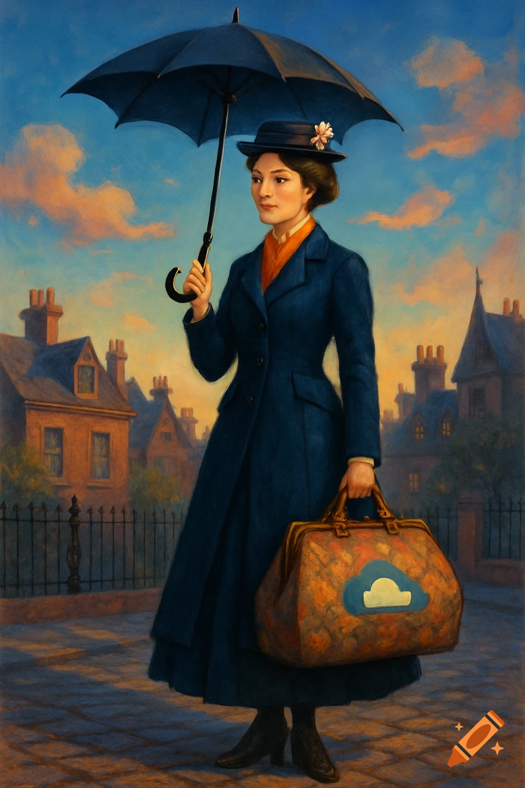 Mary Poppins-like woman in a blue coat and hat holds an umbrella and a bag with a cloud logo, in a painterly street.