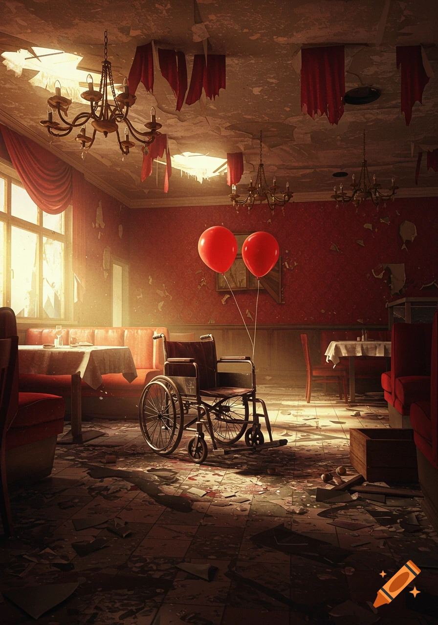 An eerie, abandoned red restaurant with a wheelchair, two red balloons, and debris scattered on the floor under sunbeams.