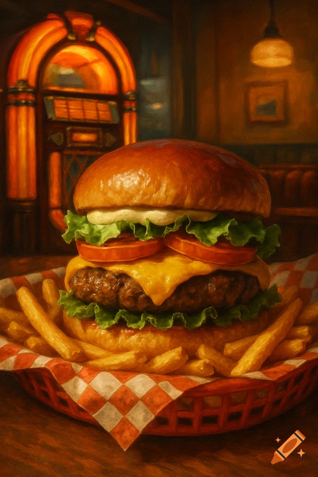 A painterly close-up of a cheeseburger and fries in a red basket, with a glowing vintage jukebox in a dimly lit diner background.