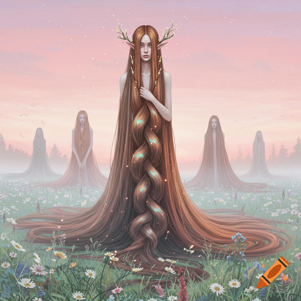Fantasy woman with long braided red hair, antlers, and elf ears in a field of wildflowers with other women in a misty landscape.