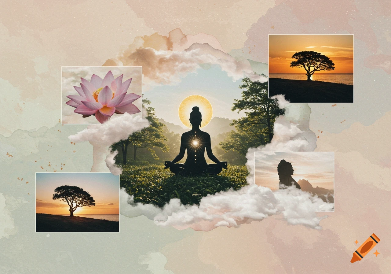 A spiritual collage with a central meditating silhouette, lotus flower, trees at sunset, and Sphinx-like figure on a watercolor background.