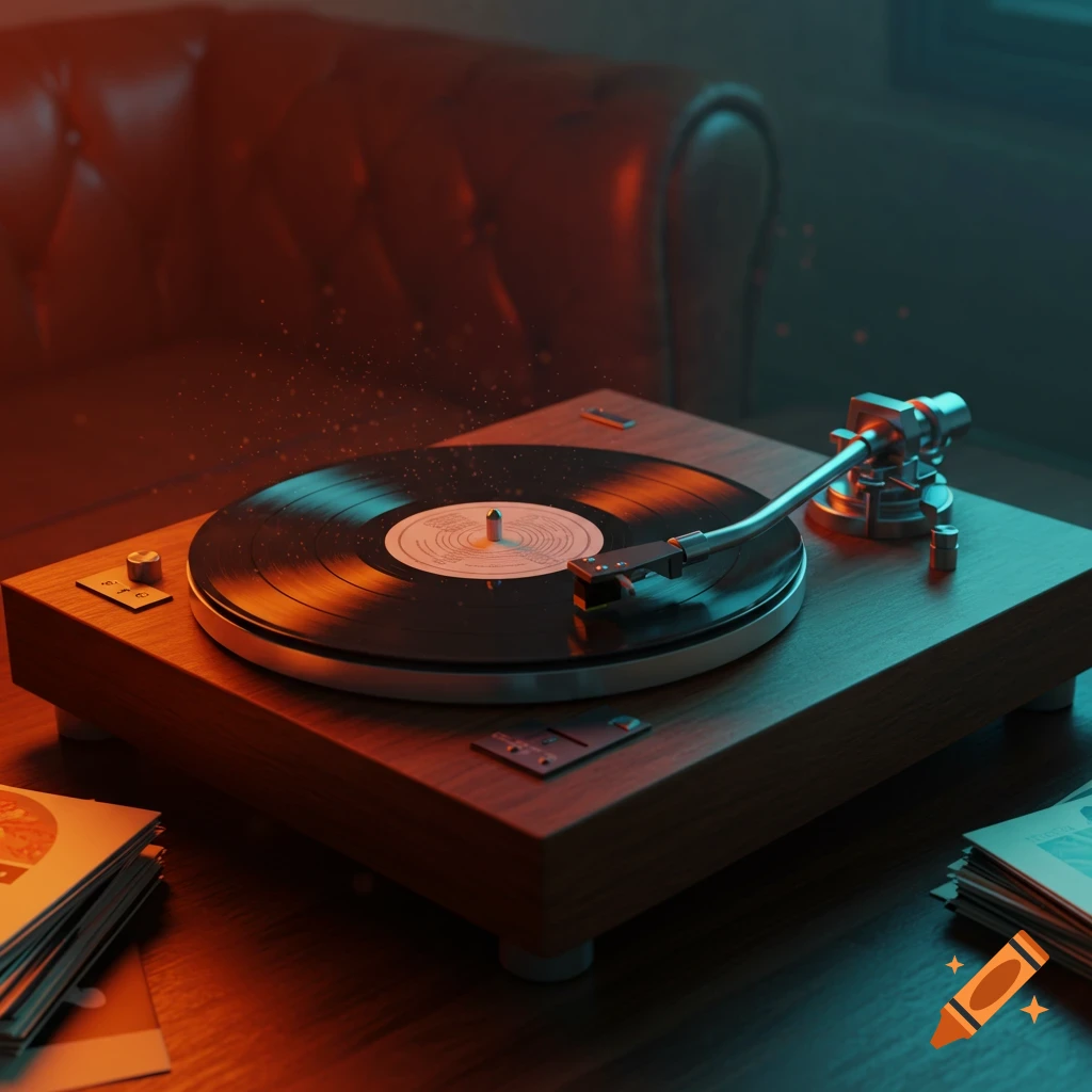 A vintage wooden record player with a vinyl record spinning on a table in a dimly lit room with atmospheric orange and teal lighting.